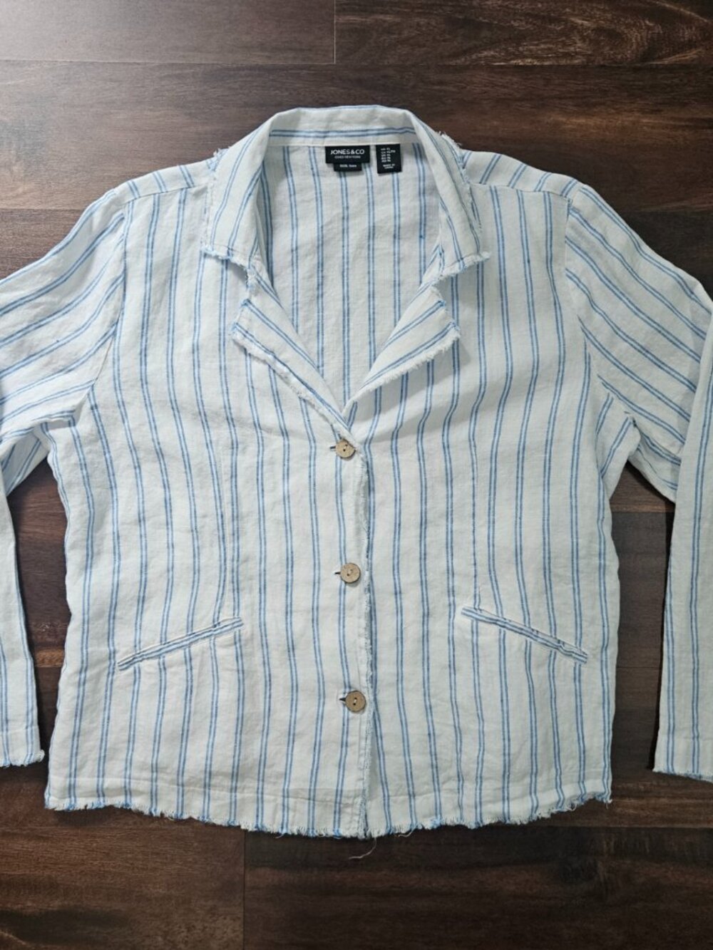 Jones and Co Jones New York 100% Linen Jacket Size XL White Blue Stripes Frayed